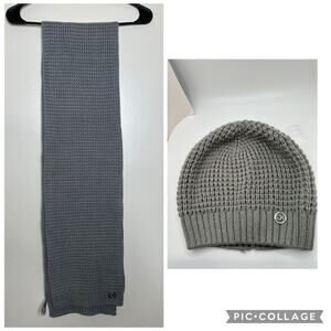 Calvin Klein Gray Woman’s Hat And Scarf Set Knit Silver Logo Beanie Winter